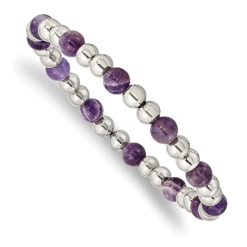 Stainless Steel Polished Purple Zebra Amethyst Beaded Stretch Bracelet