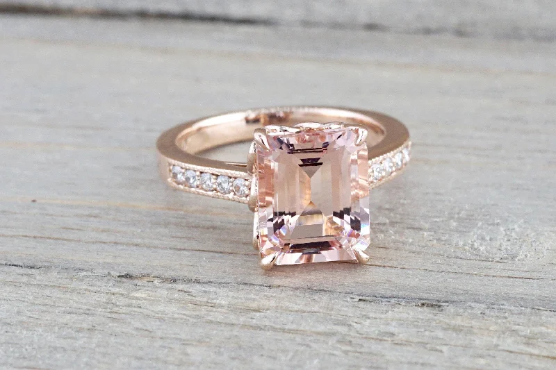 14k Rose Gold Elongated Emerald Cut Pink Morganite Diamond Engagement