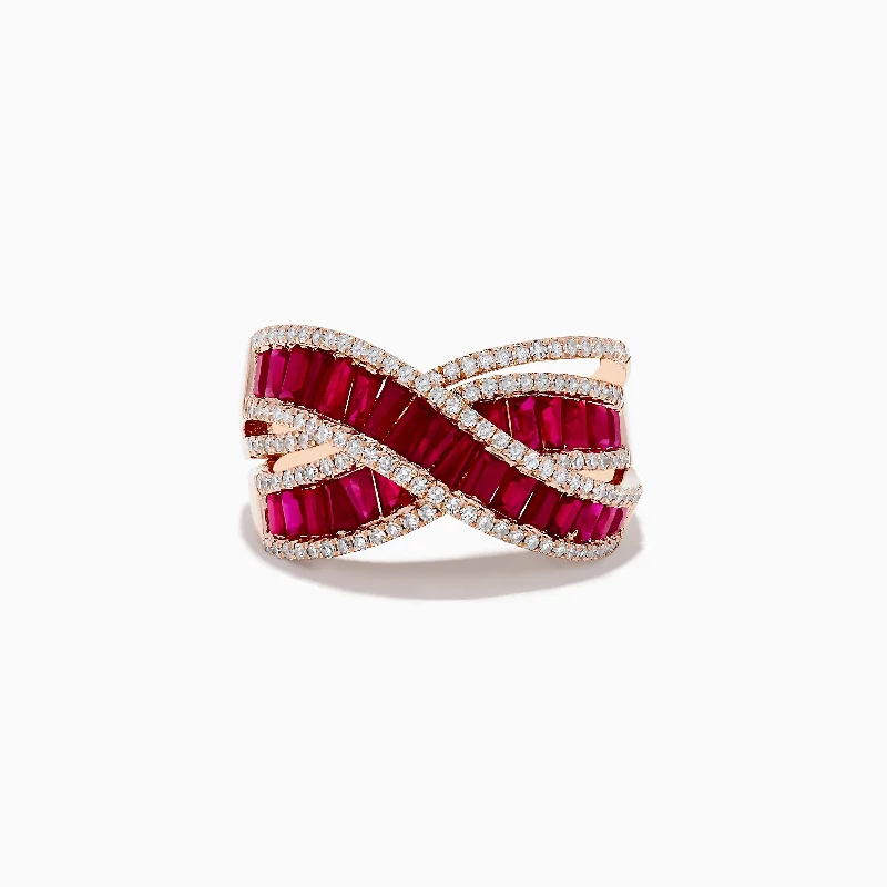 Ruby Royale 14K Rose Gold Baguette Cut Ruby and Diamond Crossover Ring