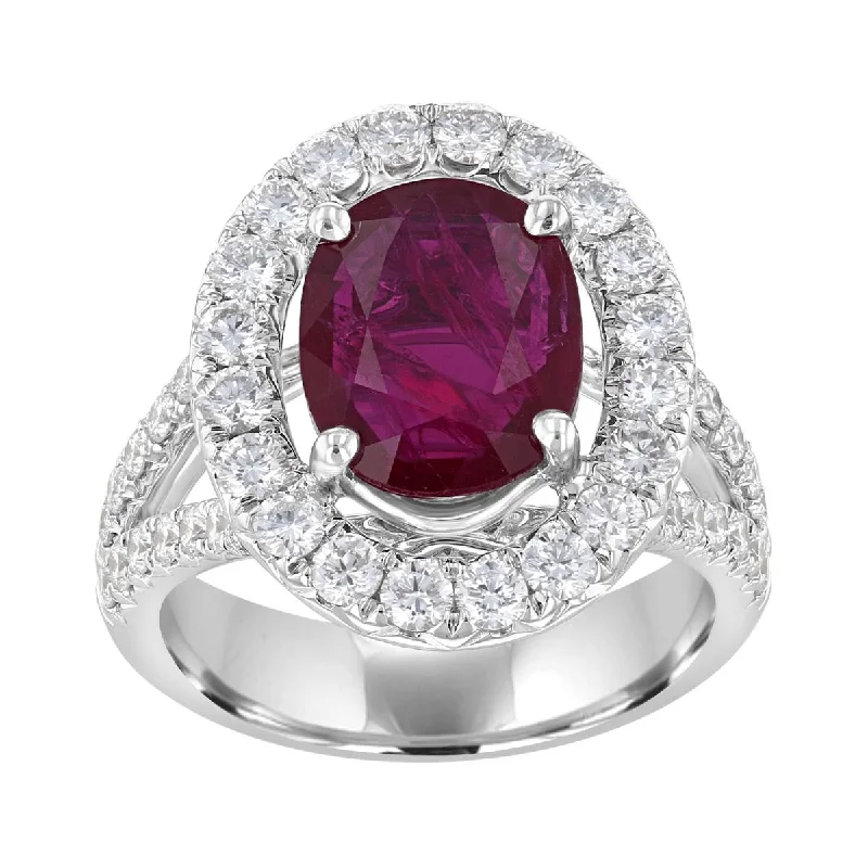 18KT GOLD 3.03 CT RUBY & 1.65 CTW DIAMOND OVAL HALO RING