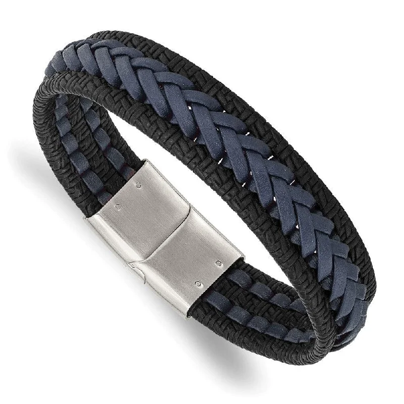 Stainless Steel Polished Black/Blue Braided Leather 8.25in Bracelet