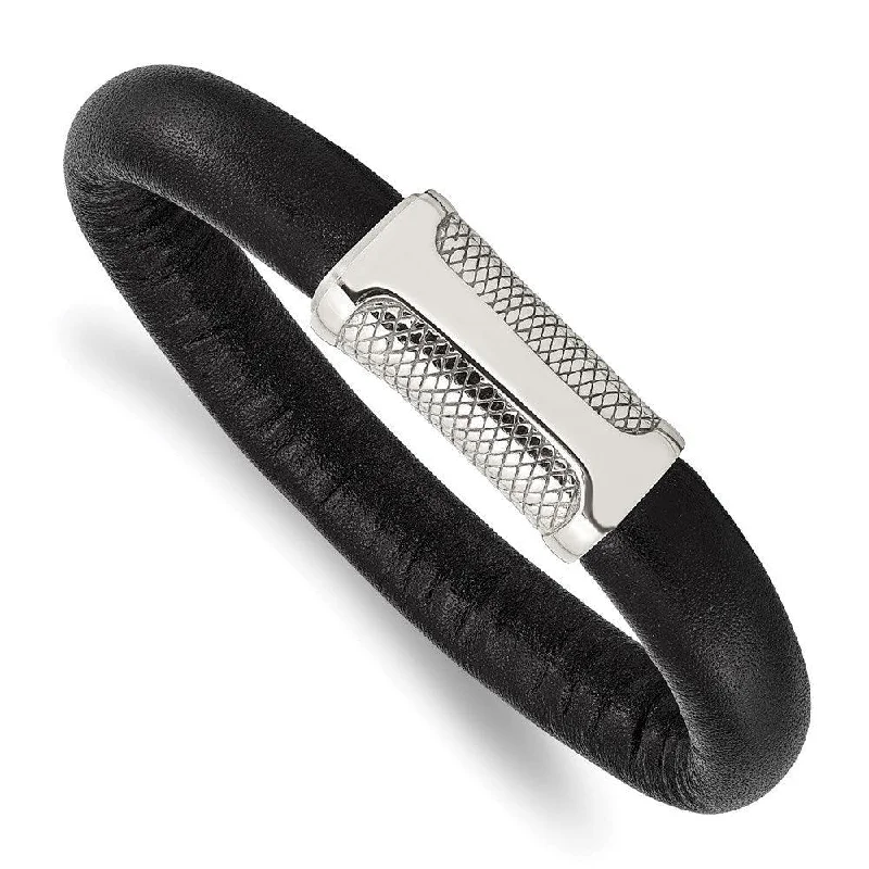 Stainless Steel Black Leather & Textured 8.5in Bracelet