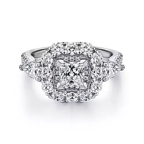 Antonella - 14K White Gold Princess Three Stone Halo Diamond Engagement Ring