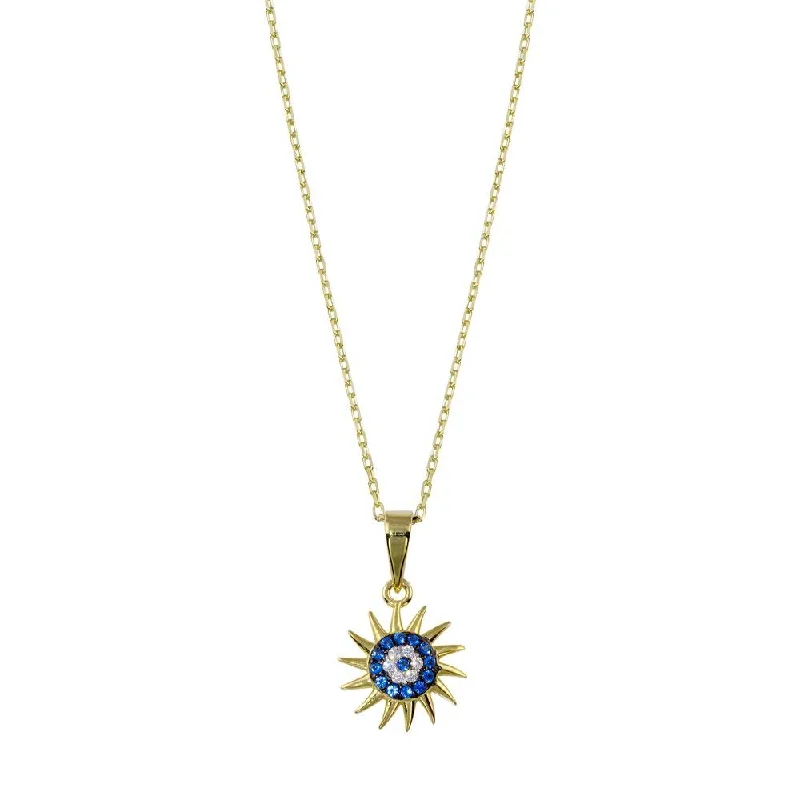 Gold Plated 925 Sterling Silver Clear Blue CZ Sun Evil Eye Necklace - BGP01401