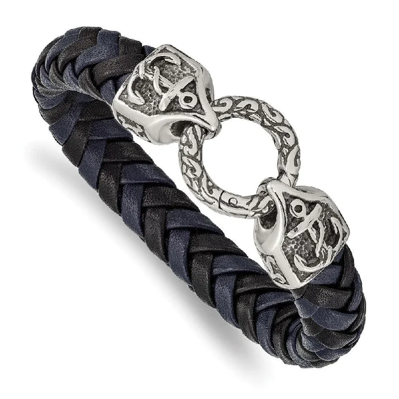 Stainless Steel Antiqued and Polished Black/Blue Leather 8.25in Bracelet