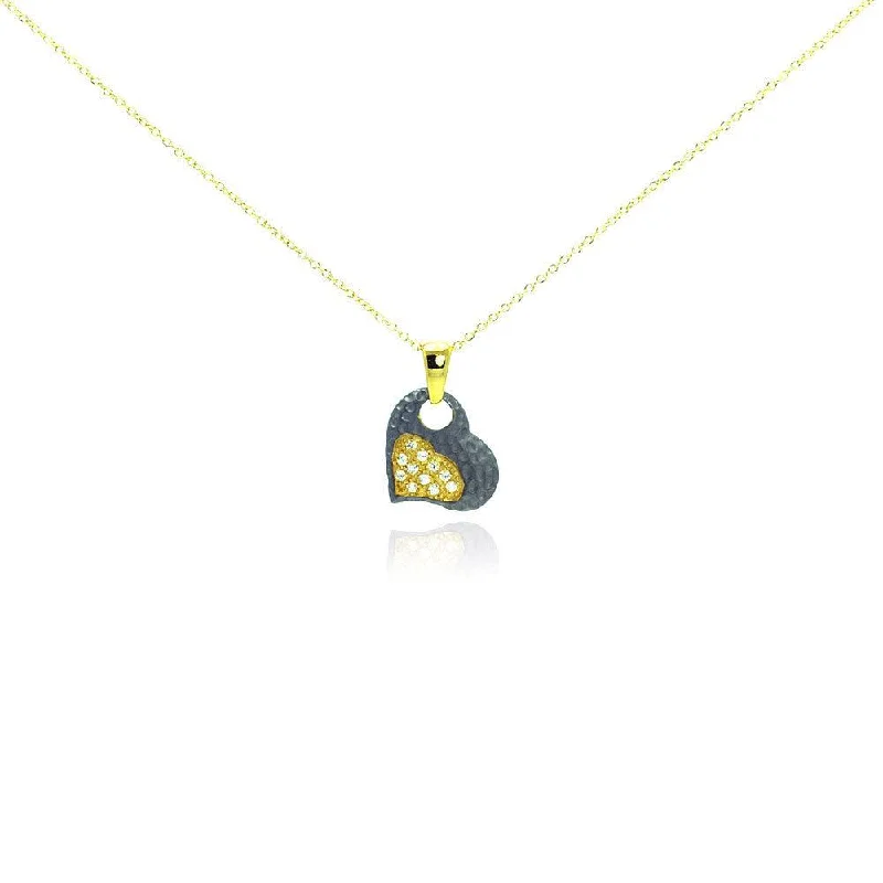 Clearance-Silver 925 Gold Plated and Matte Black Rhodium Finish Clear CZ Heart Pendant Necklace - STP00984