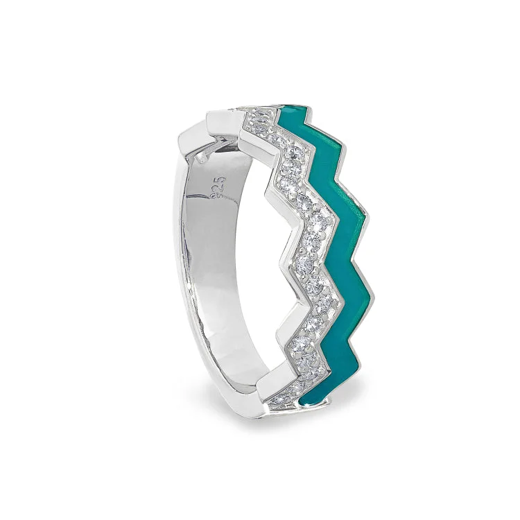 Platinum Finish Sterling Silver Micropave Ring with with Turquoise Enamel and Simulated Diamondss