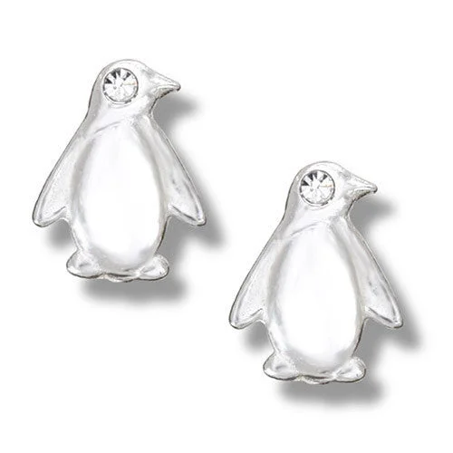 Sterling Silver & Crystal Eyes Penguin Stud Earrings ( 1/2 inch)