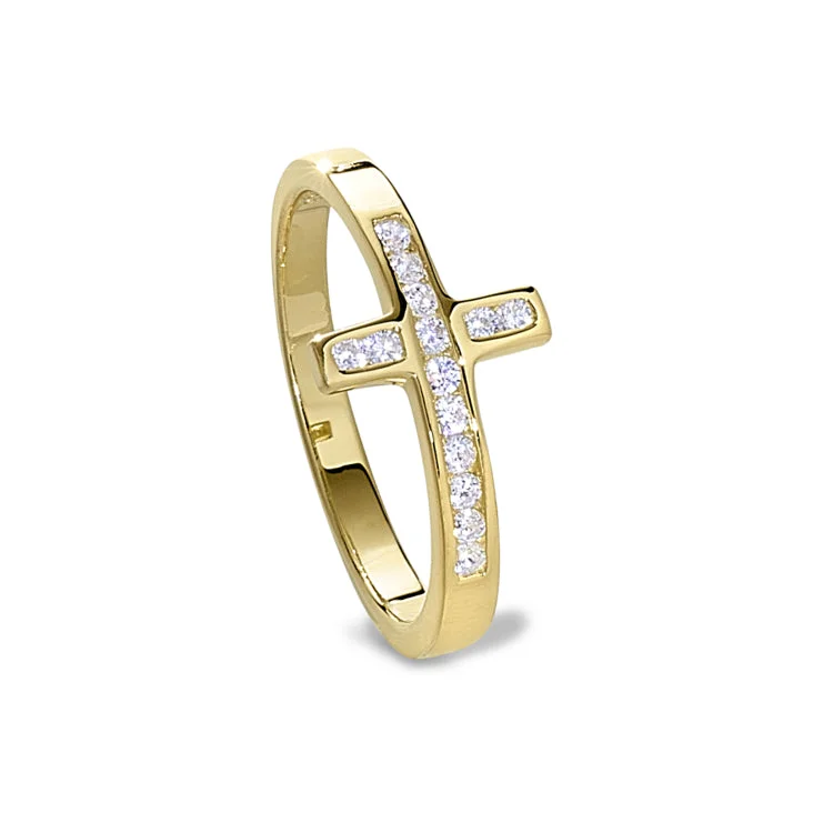 Gold Finish Sterling Silver Micropave Cross Ring with Simulated Diamonds - size 5