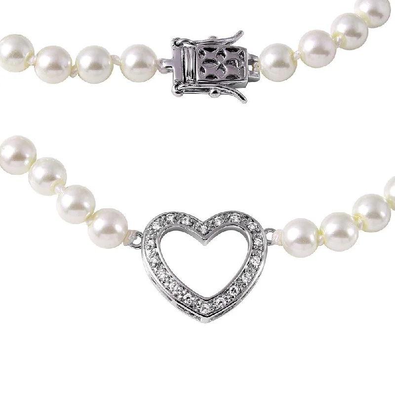 Silver 925 Rhodium Plated Open Heart Pearl Necklace - BGP00497