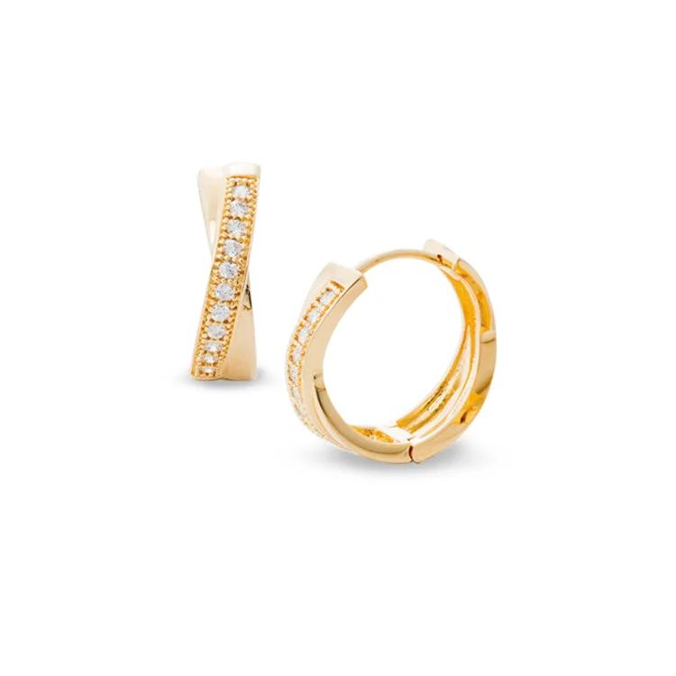 Gold Finish Sterling Silver Micropave Criss Cross Huggie Earrings with Simulated Diamonds