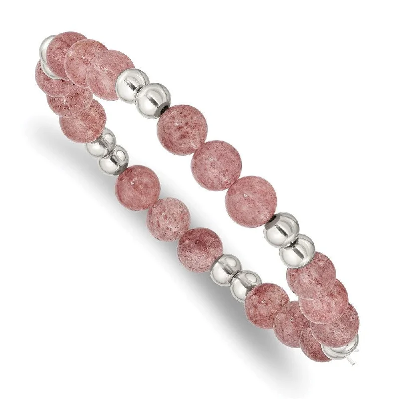 Stainless Steel Polished Strawberry Quartz Beaded Stretch Bracelet