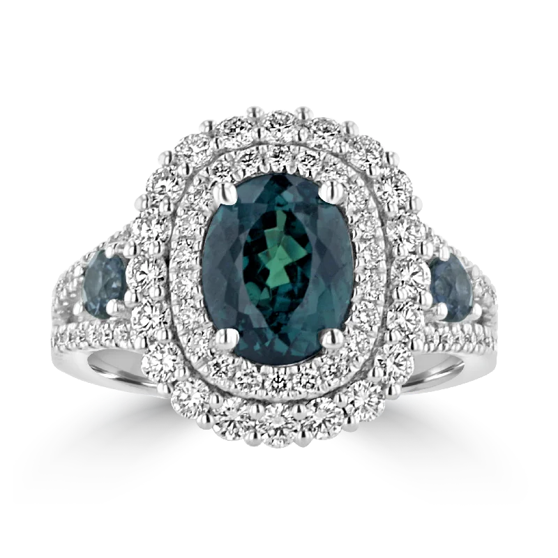 JULEVE 18K WHITE GOLD 2.40 CT ALEXANDRITE, COLOR CHANGING GARNET, & DIAMOND HALO RING