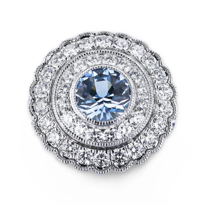 JULEVE 18KT WHITE GOLD 1.58CT SAPPHIRE & 1.24CTW DIAMOND HALO RING