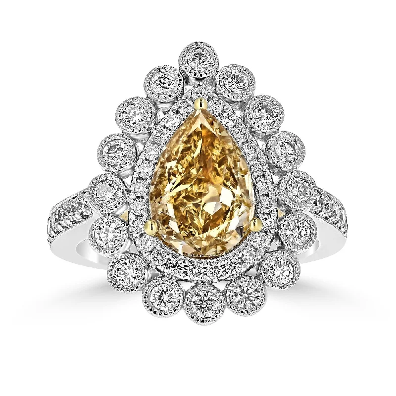 JULEVE 18KT FANCY BROWN-YELLOW PEAR SHAPE DIAMOND DOUBLE HALO RING