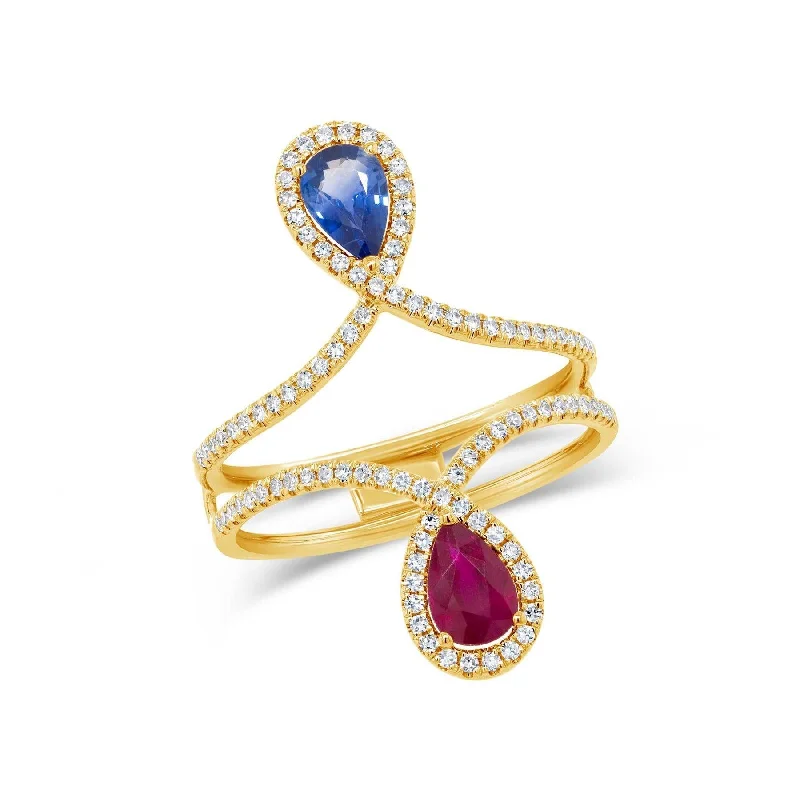 14KT GOLD 0.30 CTW DIAMOND & 0.99 CTW RUBY & BLUE SAPPHIRE RING