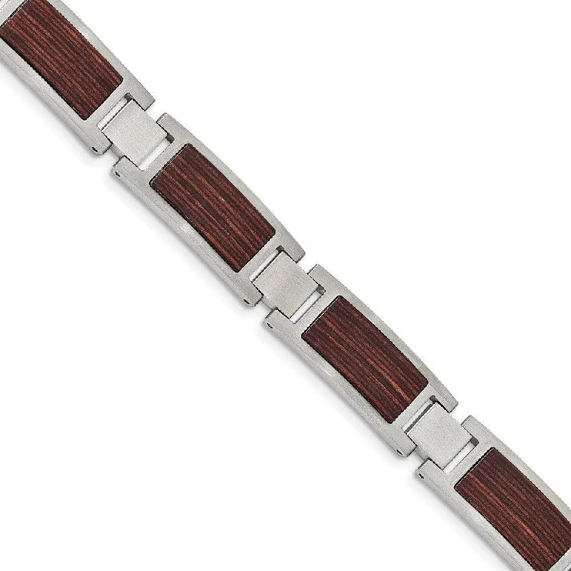 Stainless Steel Brushed with Wood Inlay 8.75in Link Bracelet