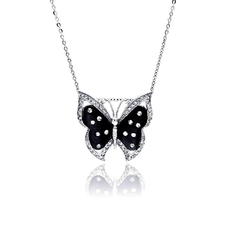 Silver 925 Rhodium Plated Black Mother of Pearl Butterfly CZ Necklace - BGP00337