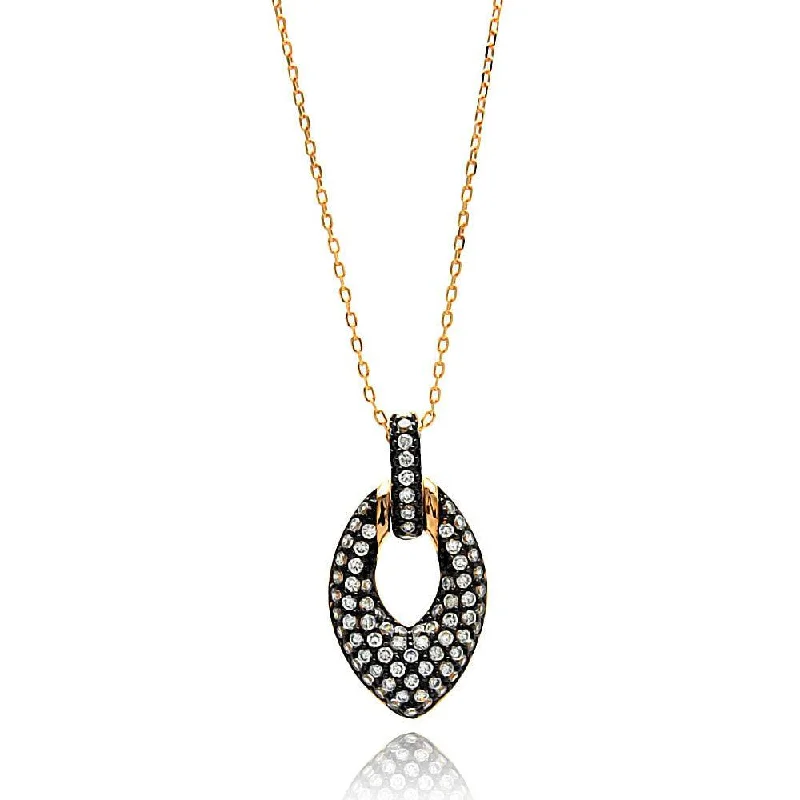 Clearance-Silver 925 Gold Plated Open Marquis Black and Clear CZ Necklace - BGP00636