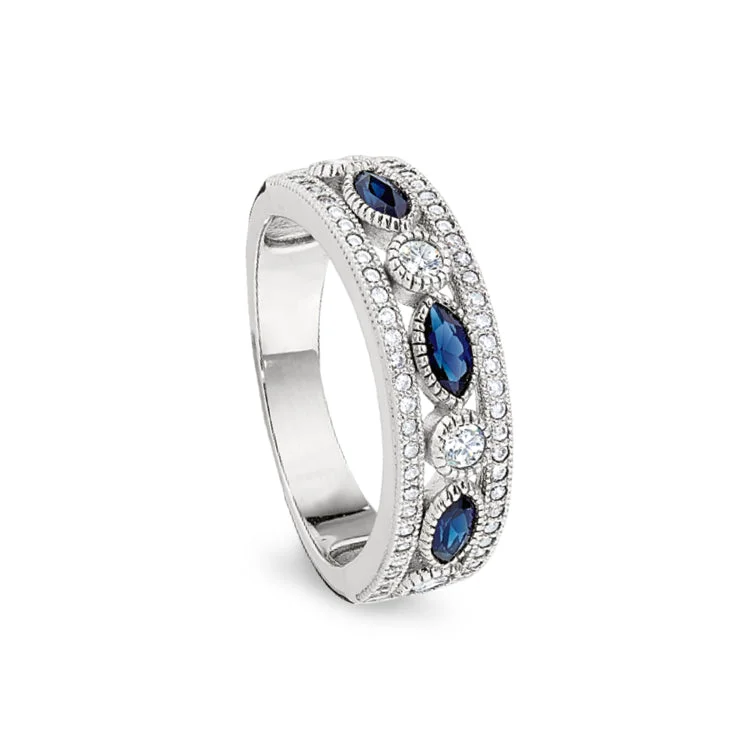 Platinum Finish Sterling Silver Micropave Vintage Ring with Synthetic Blue Sapphire & 58 Simulated Diamonds