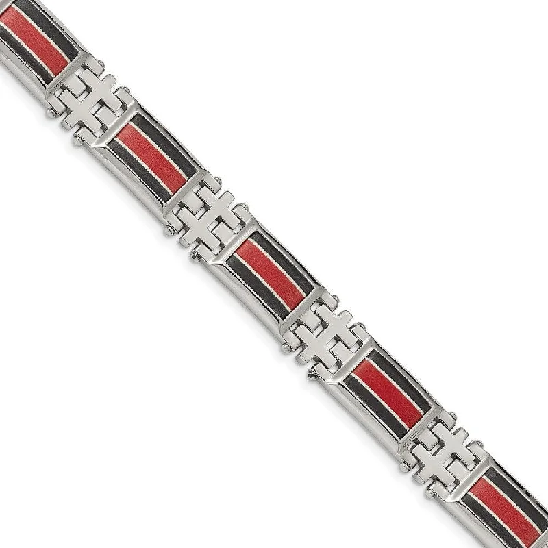 Stainless Steel Polished Black Carbon Fiber/Red Fiber Glass Inlay Bracelet