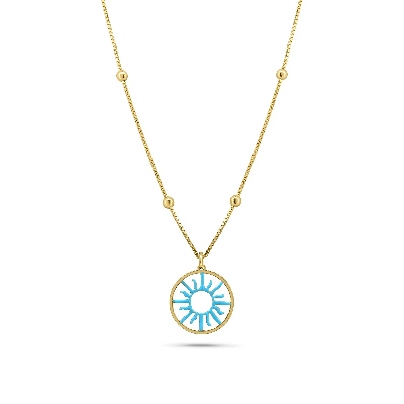 Gold Plated 925 Sterling Silver Turquoise Sun Charm Box Beaded Adjustable Necklace - GCN00003