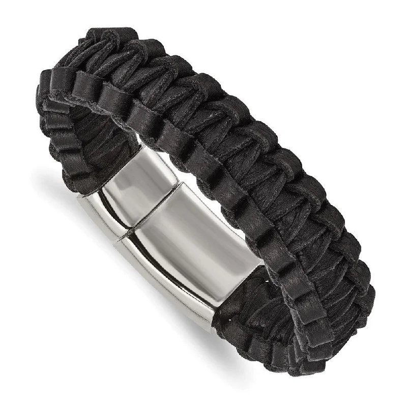 Stainless Steel Polished Flat Braided Black Leather Bracelet