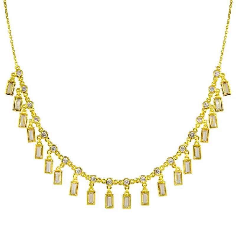 Gold Plated 925 Sterling Silver Dangling Baguette and Round CZ Necklace - STP01812GP