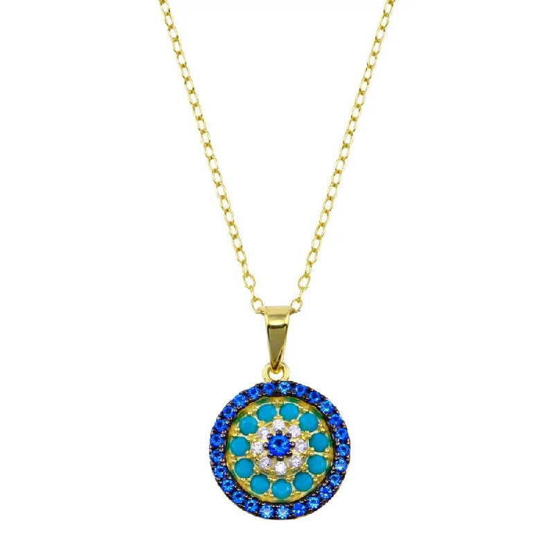 Gold Plated 925 Sterling Silver Round Charm Turquoise Blue CZ Necklace - BGP01420