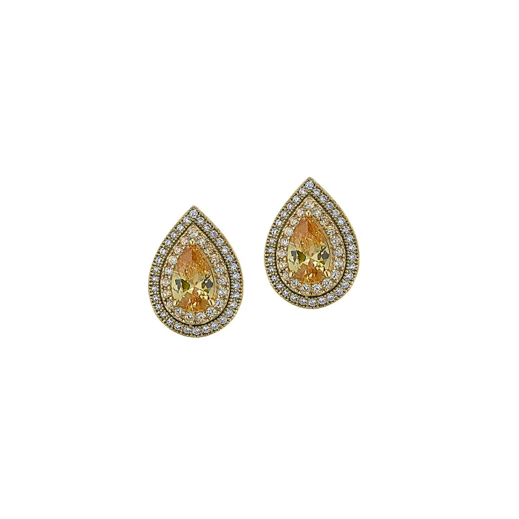 Gold and Platinum Finish Sterling Silver Micropave Pear Shaped Earrings with a Canary Colored Stone and Simulated Diamonds