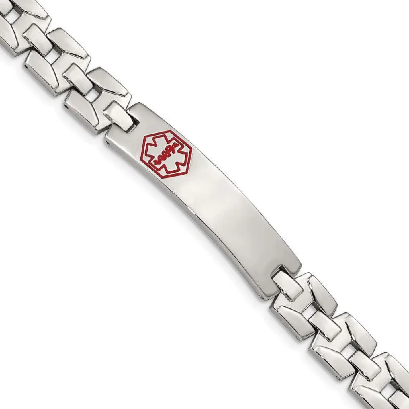 Stainless Steel Brushed & Polished Red Enamel 8in Medical Bracelet