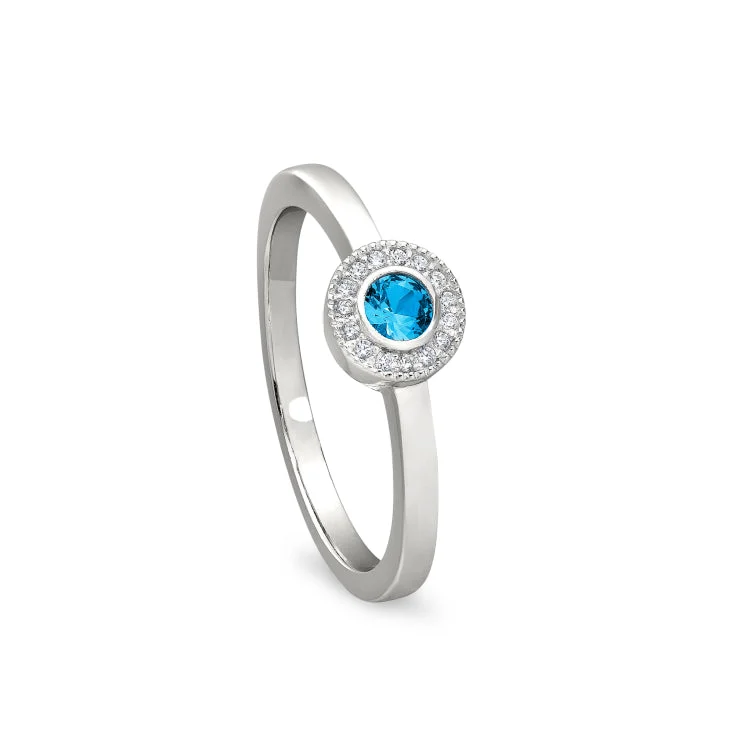 Platinum Finish Sterling Silver Micropave Round Simulated Blue Topaz Ring with Simulated Diamonds Size 7