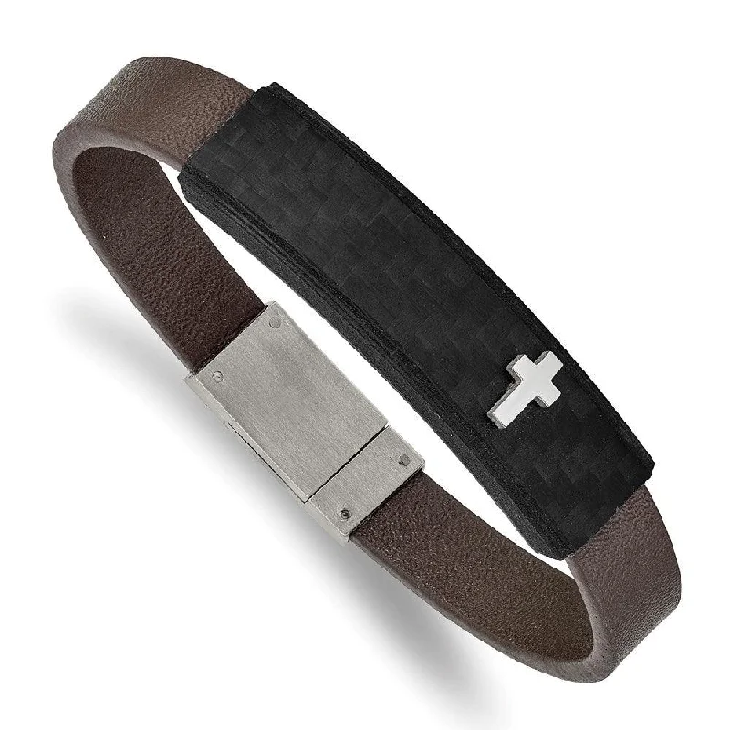 Stainless Steel Polished Solid Carbon Fiber Brown Faux Leather 8in Bracelet