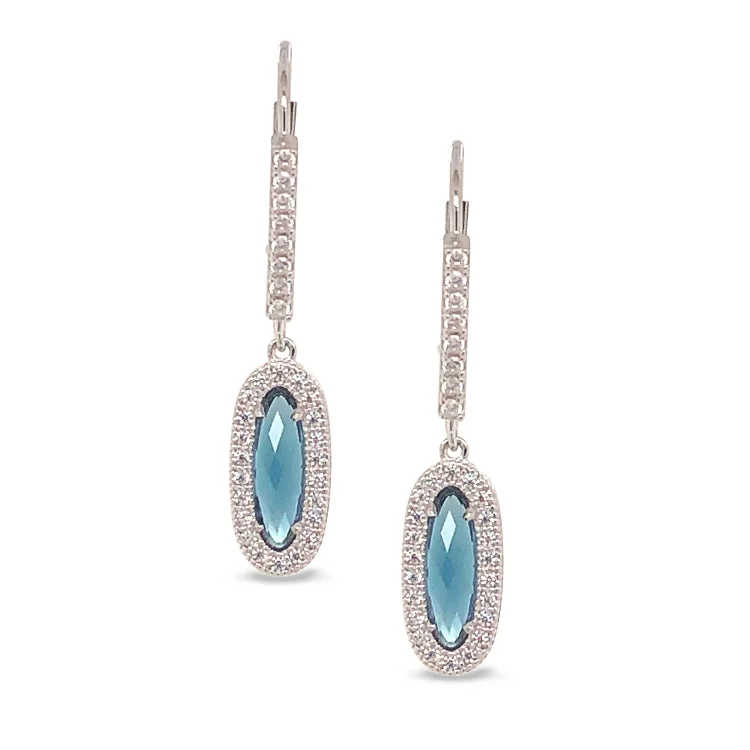 Platinum Finish Sterling Silver Micropave Oblong Earrings with Simulated London Blue Topaz and Simulated Diamonds