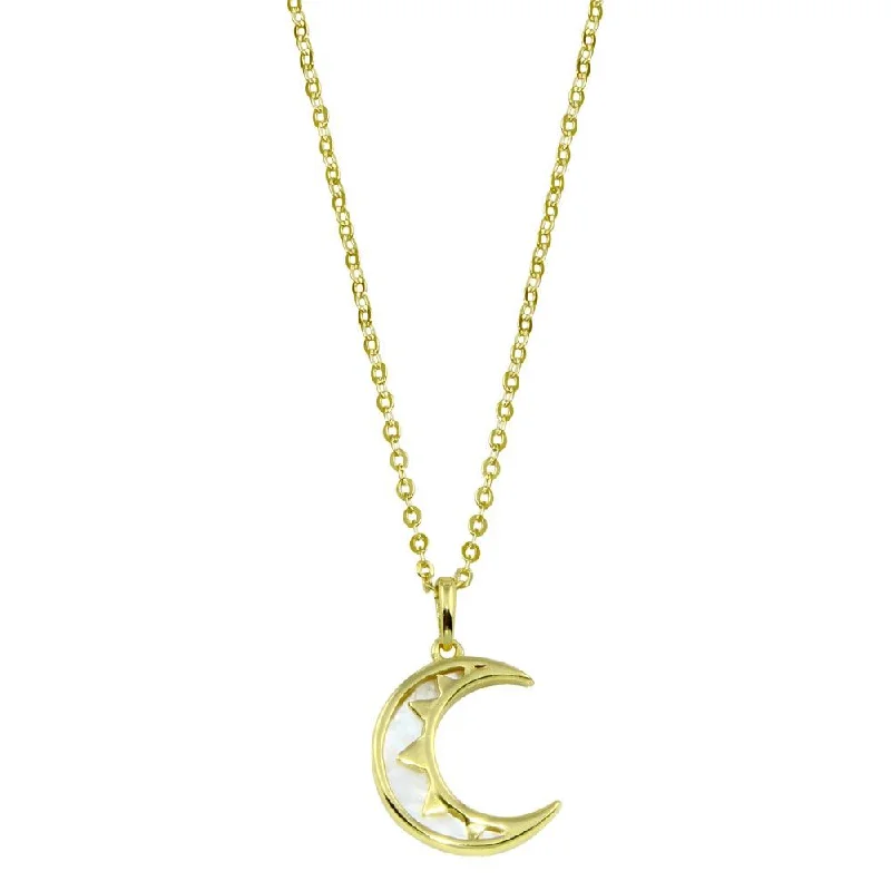 Gold Plated 925 Sterling Silver CZ Synthetic Mother of Pearl Crescent Moon Necklace - STP01775GP