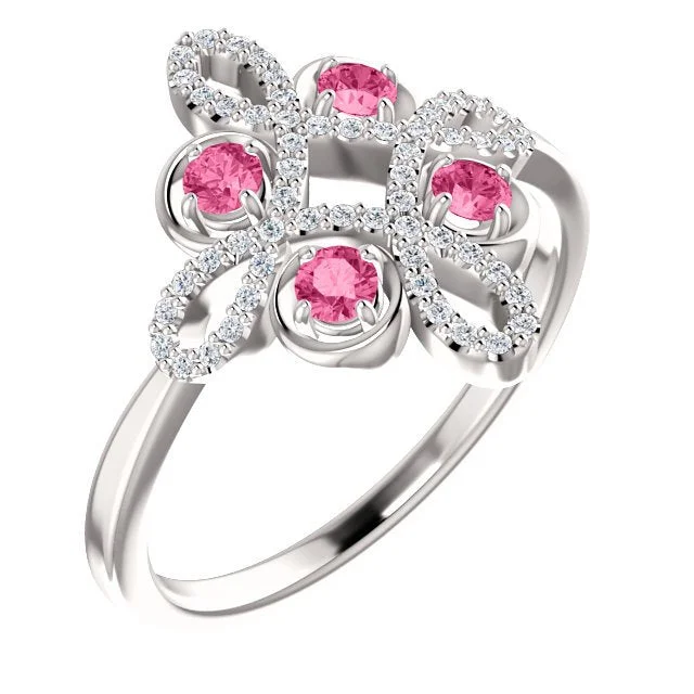 14KT GOLD 0.32 CTW PINK TOURMALINE & 1/6 CTW DIAMOND CLOVER RING