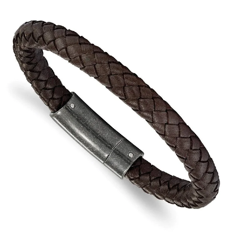 Stainless Steel Brushed Brown Braided Genuine Leather 8.25in Bracelet