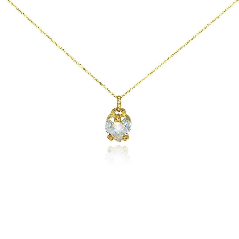 Clearance-Silver 925 Gold Plated Clear CZ Heart Pendant Necklace - STP00927