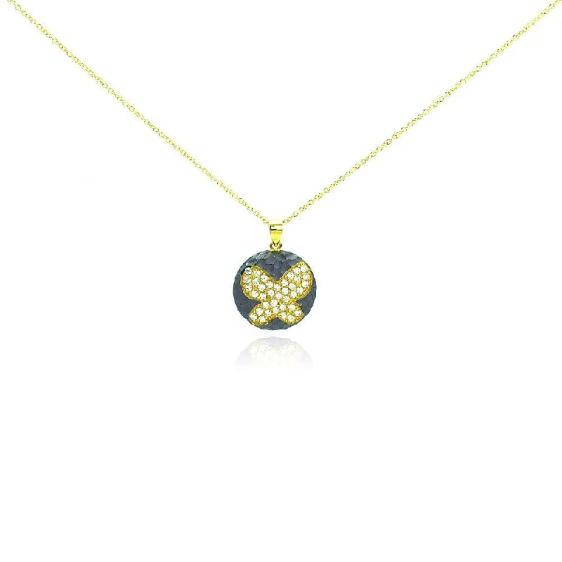 Clearance-Silver 925 Gold Plated and Matte Black Rhodium Finish Butterfly Clear CZ Round Pendant Necklace - STP00986