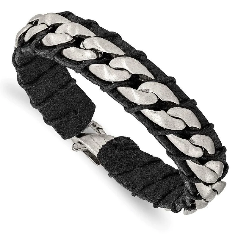 Stainless Steel Brushed Chain and Black Leather 8.5in Bracelet