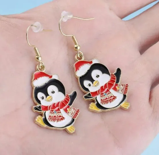 Santa Penguin Dangle Earrings (3/4" Tall)