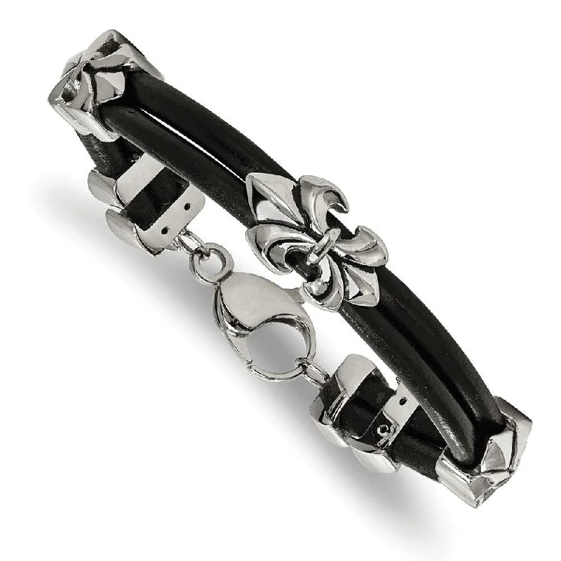 Stainless Steel Polished Antiqued Fleur De Lis Black Leather Bracelet