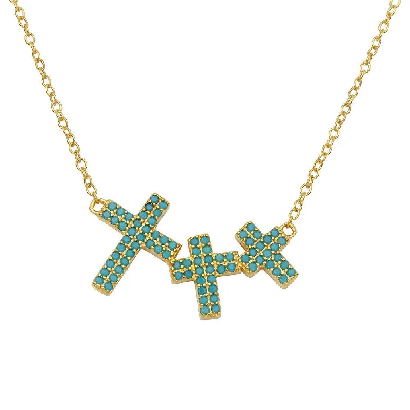 Gold Plated 925 Sterling Silver Side By Side 3 Crosses Turquoise Stones Necklace - STP01548GP