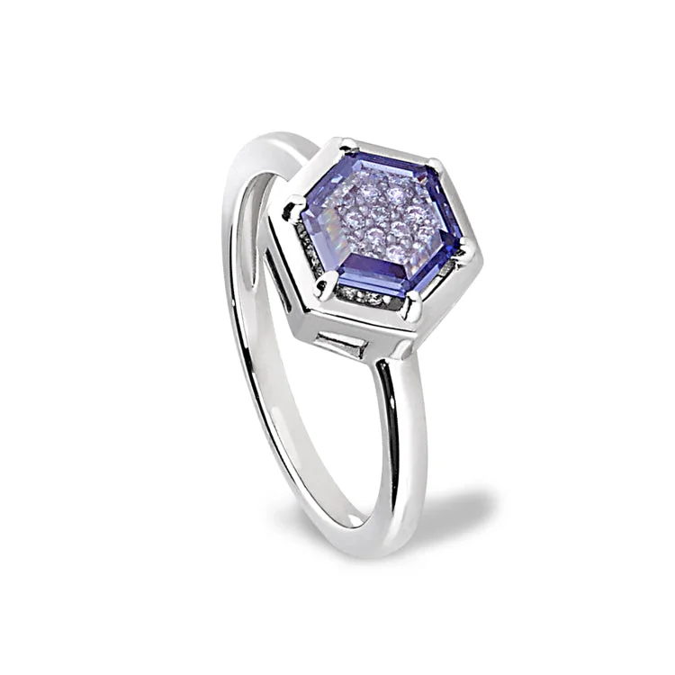 Platinum Finish Sterling Silver Flat Hexagon Synthetic Tanzanite Ring with Simulated Diamonds - Size 6