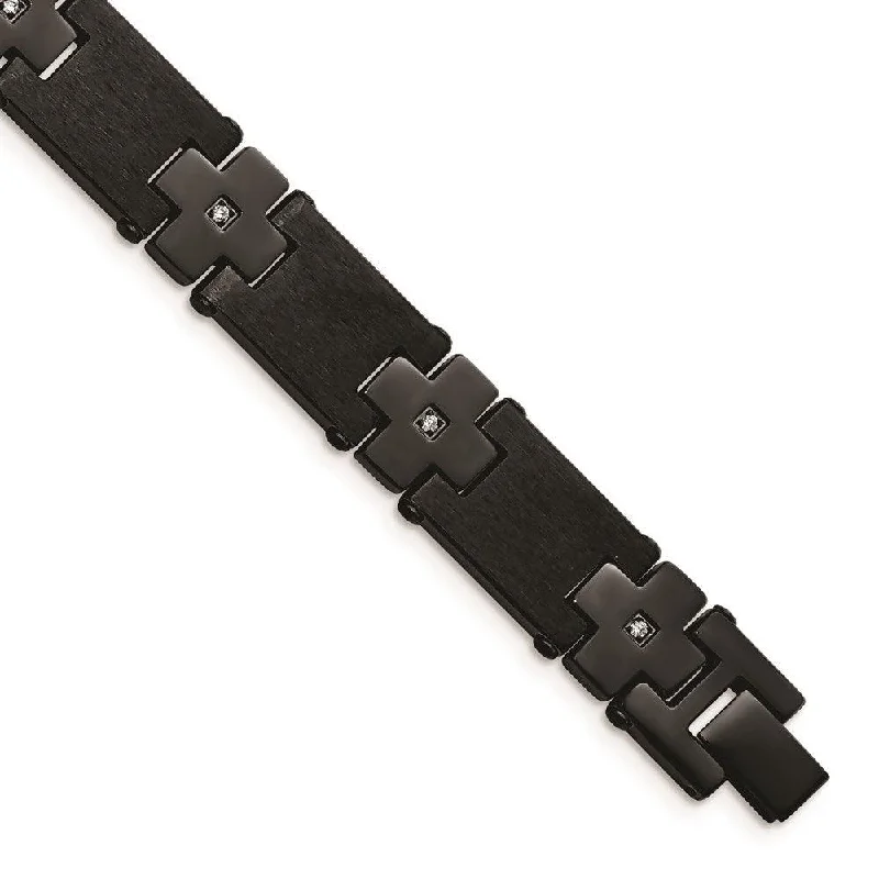 Stainless Steel Brushed/Polished Black IP-plated w/CZ 8in Bracelet