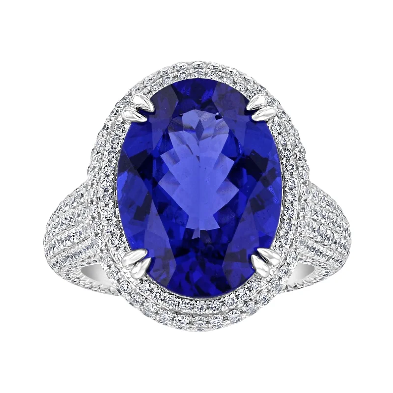 18KT 9.47 CT TANZANITE & 2.83 CTW DIAMOND PAVÉ HALO ETERNITY RING