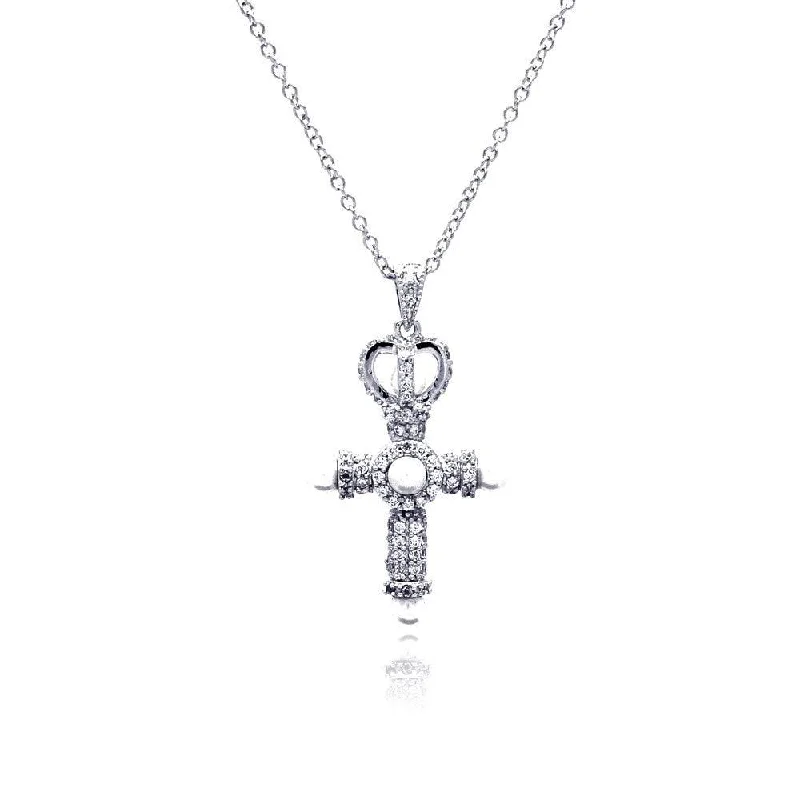 Silver 925 Rhodium Plated Cross Crown CZ Center Pearl Necklace - BGP00377