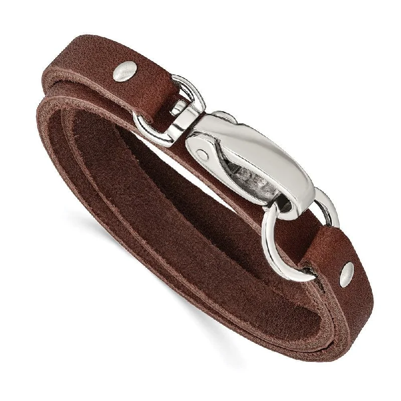 Stainless Steel Dark Brown Leather Wrap Bracelet