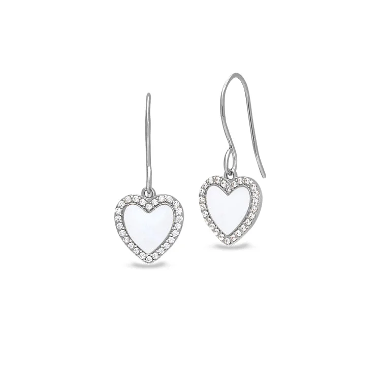 Gold Vermeil Sterling Silver Micropave White Enamel Heart Earrings with Simulated Diamonds