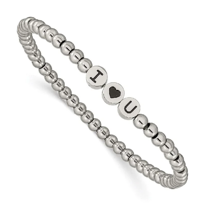 Stainless Steel Antiqued and Polished I HEART U Stretch Bracelet